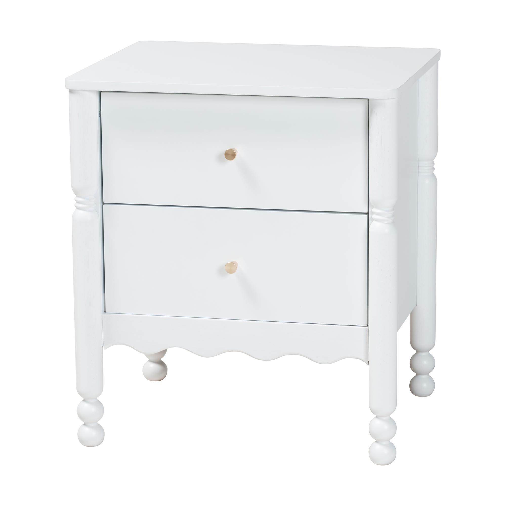 Baxton Studio Hoffman Nightstand - 2-Drawer Bedside Table with Scalloped Apron and Turned Legs for Bedroom, White